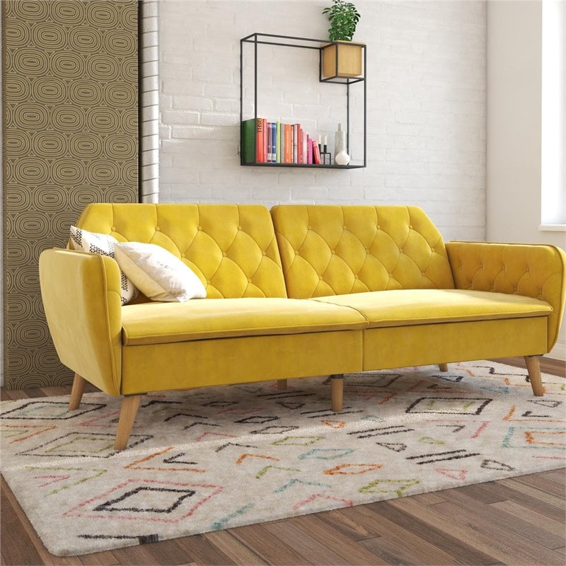 Novogratz Tallulah Memory Foam Velvet Futon Couch in Mustard Yellow