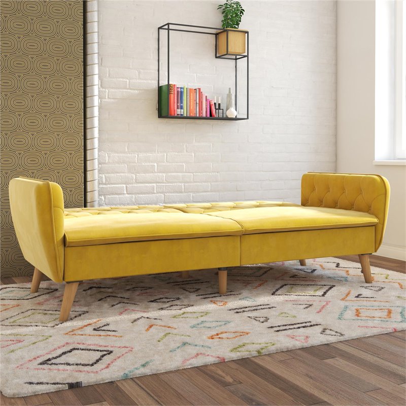 Novogratz Tallulah Memory Foam Velvet Futon Couch in Mustard Yellow