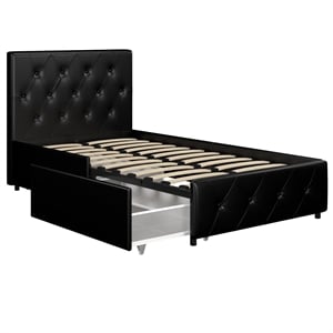 DHP Dakota Twin Upholstered Bed with Storage Drawers in Black Faux Leather