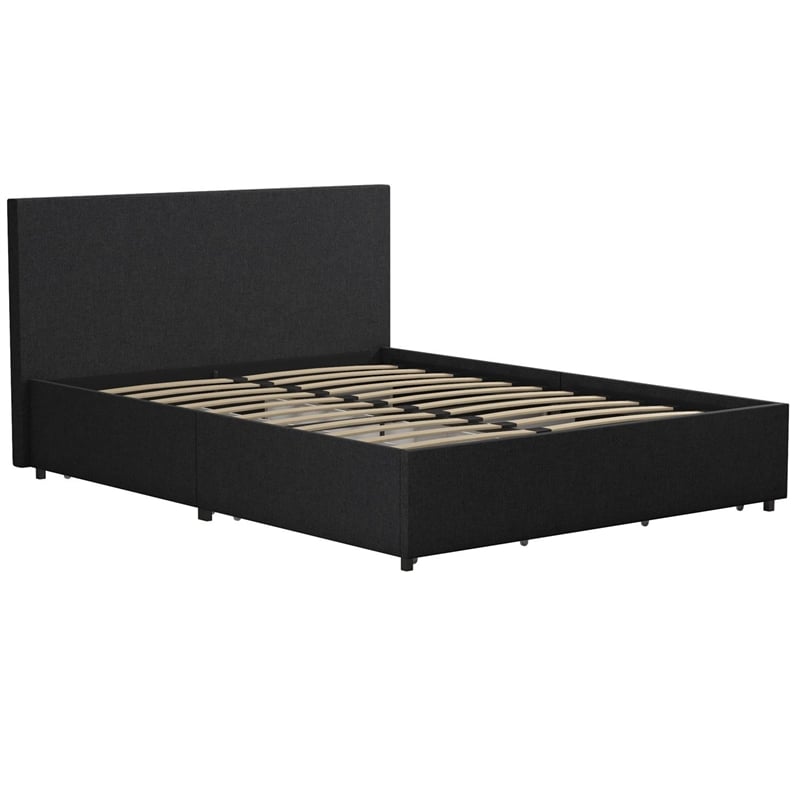 Novogratz Kelly Upholstered Full Bed with Storage in Dark Grey Linen