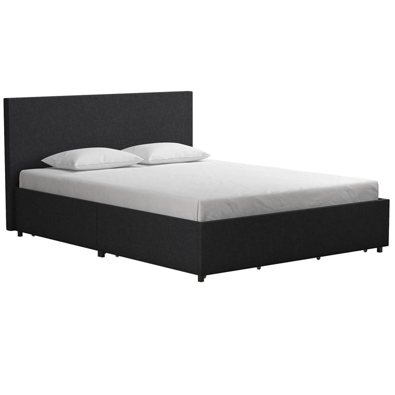 Novogratz Kelly Upholstered Full Bed with Storage in Dark Grey Linen