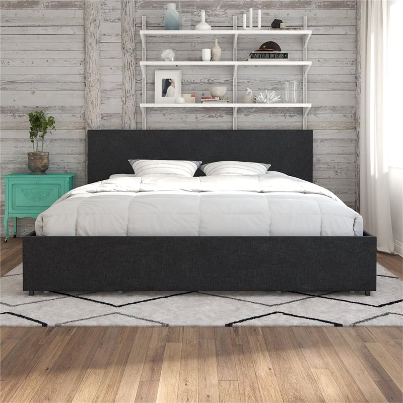 Novogratz Kelly Upholstered King Bed with Storage in Dark Grey Linen