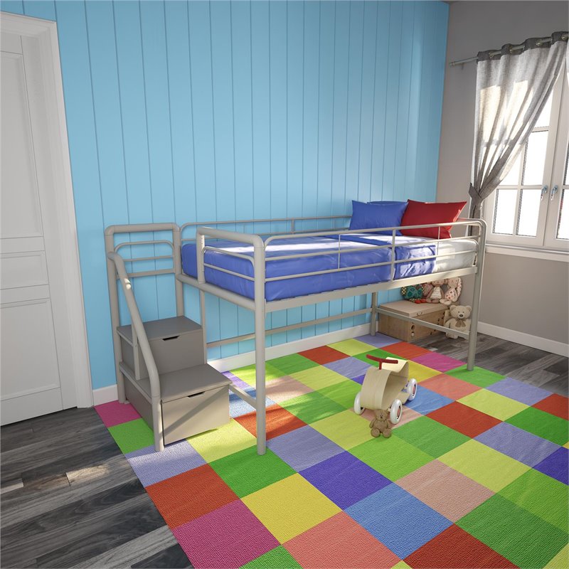 DHP Junior Metal Loft Bed with Storage Steps in Twin Size in Silver/Gray