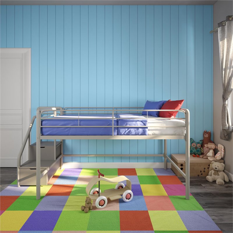 DHP Junior Metal Loft Bed with Storage Steps in Twin Size in Silver/Gray