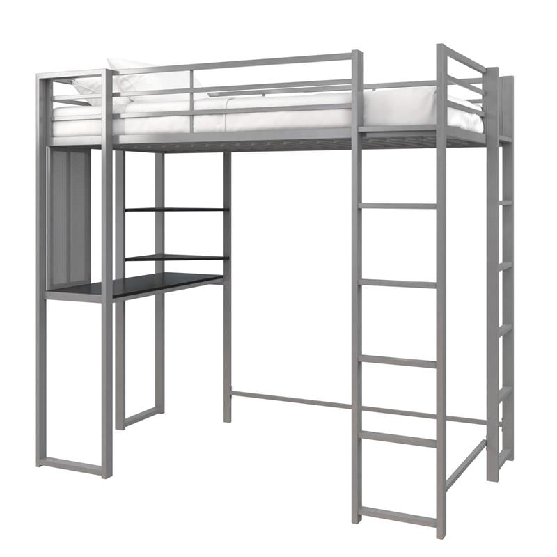 DHP Alana Twin Metal Loft Bed with Desk in Silver