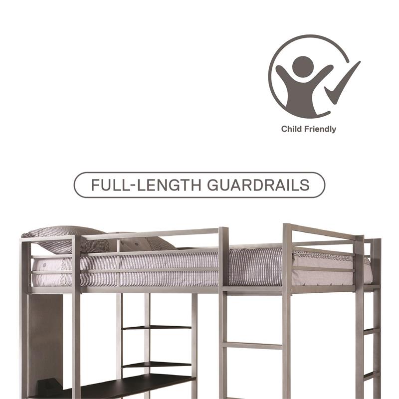 DHP Alana Twin Metal Loft Bed with Desk in Silver