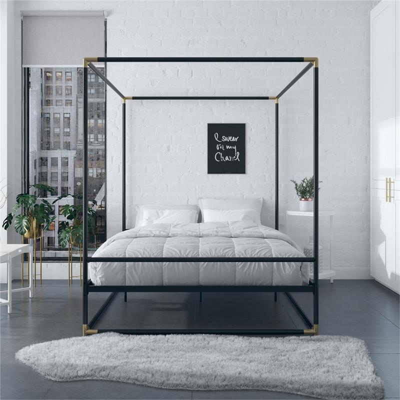 CosmoLiving Celeste Canopy Metal Bed Queen Size Frame in Black/Gold