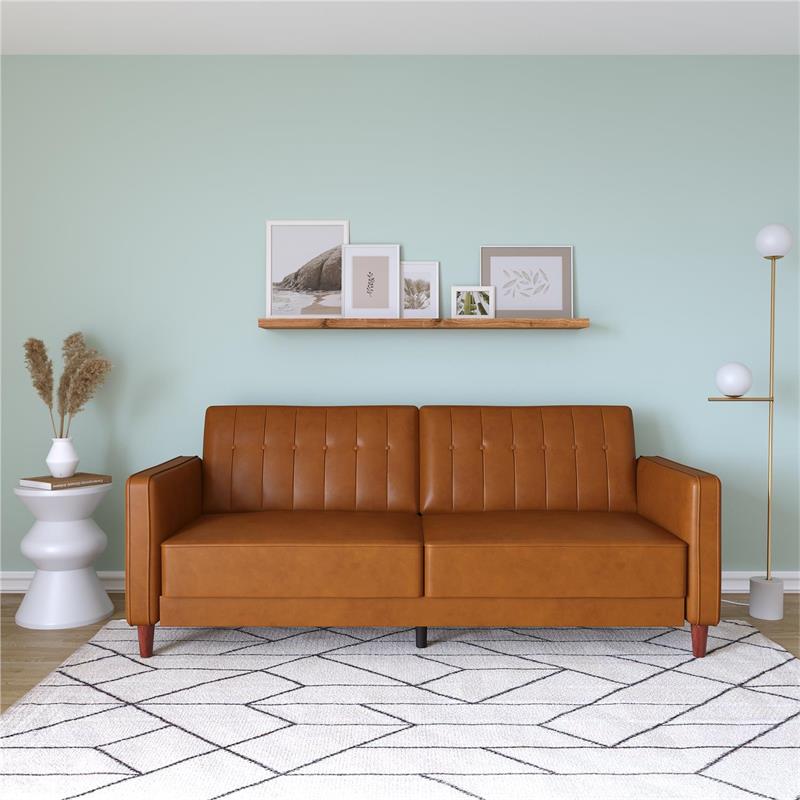 DHP Ivana Tufted Futon and Upholstered Sofa Sleeper Bed in Camel Faux Leather