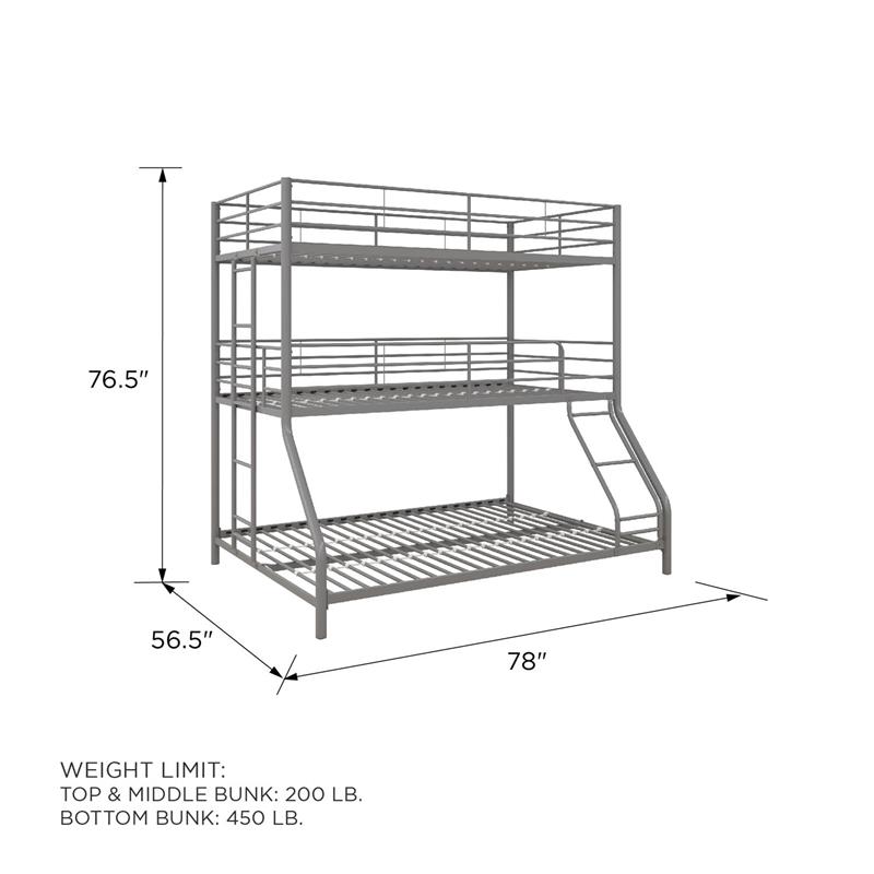 Max & Finn Altona Metal Triple Bunk Bed Bed for Kids Twin/Twin/Full in Silver