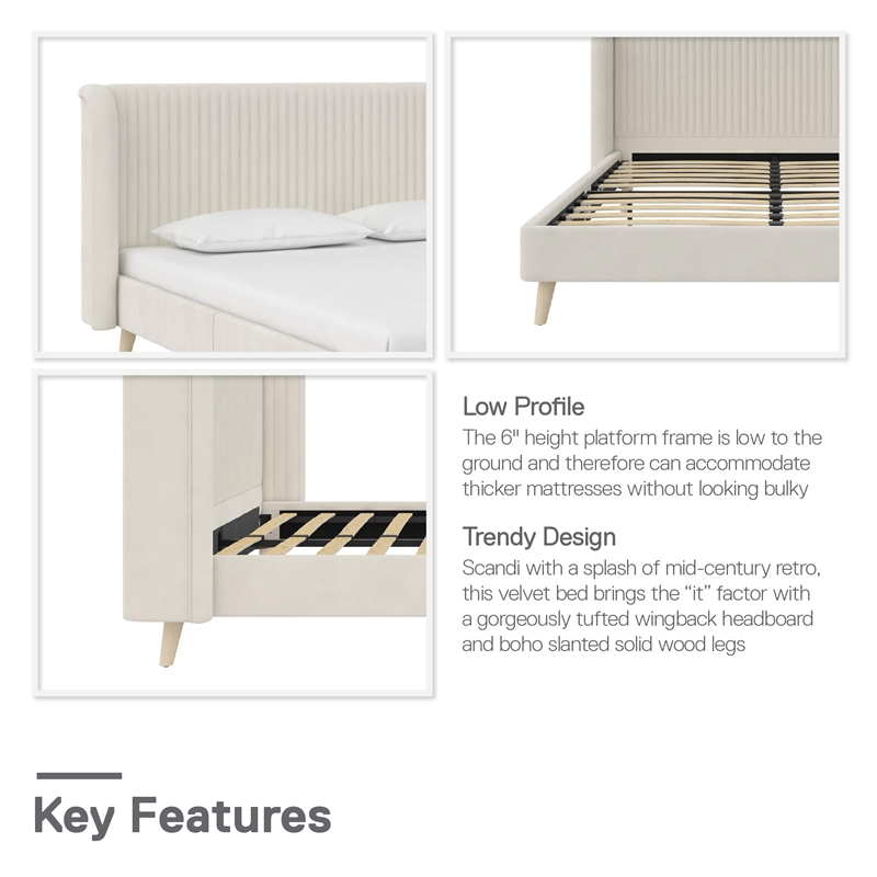 Novogratz Holly Upholstered Wingback Bed Frame in Queen in Ivory Velvet
