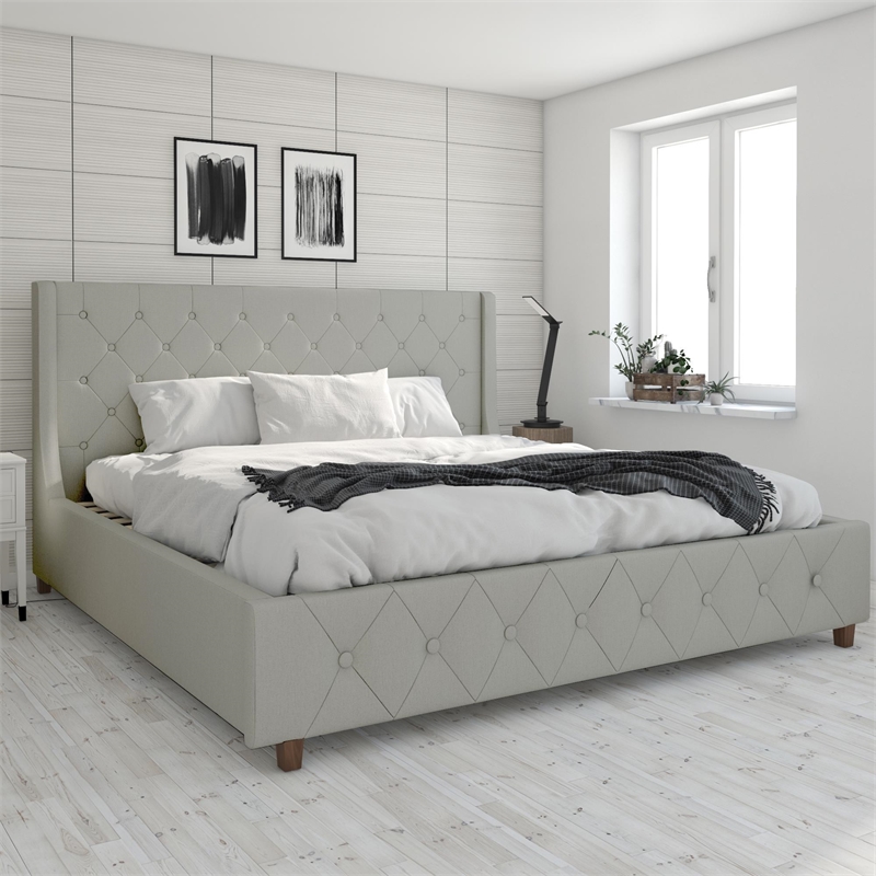 CosmoLiving by Cosmopolitan Mercer Upholstered King Bed in Light Gray Linen