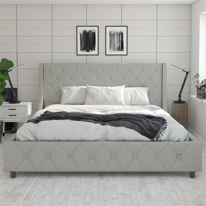 CosmoLiving by Cosmopolitan Mercer Upholstered King Bed in Light Gray Linen