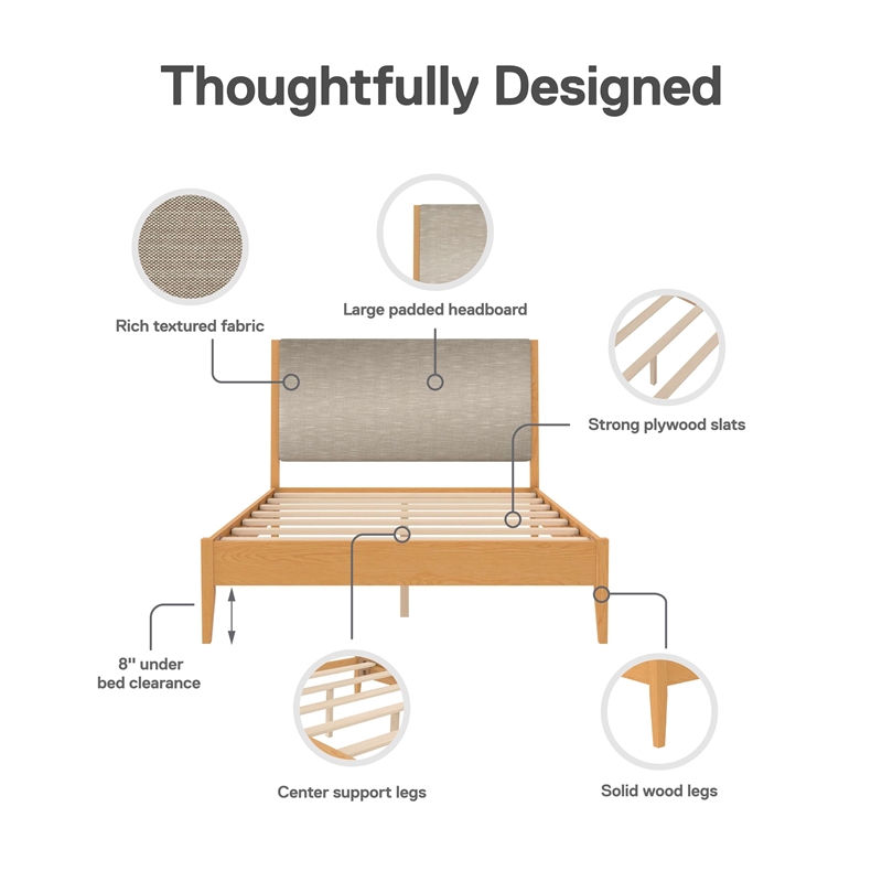 DHP Dacin Wood Queen Size Bed Frame with Upholstered Headboard in Beige Linen