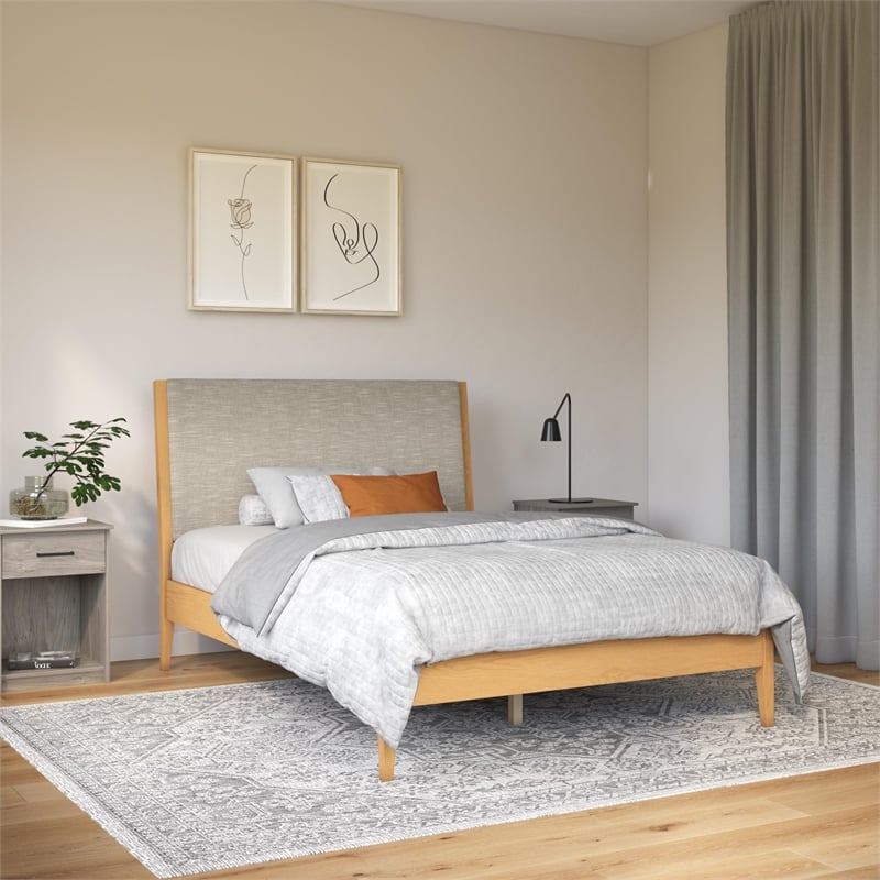 DHP Dacin Wood Queen Size Bed Frame with Upholstered Headboard in Beige Linen