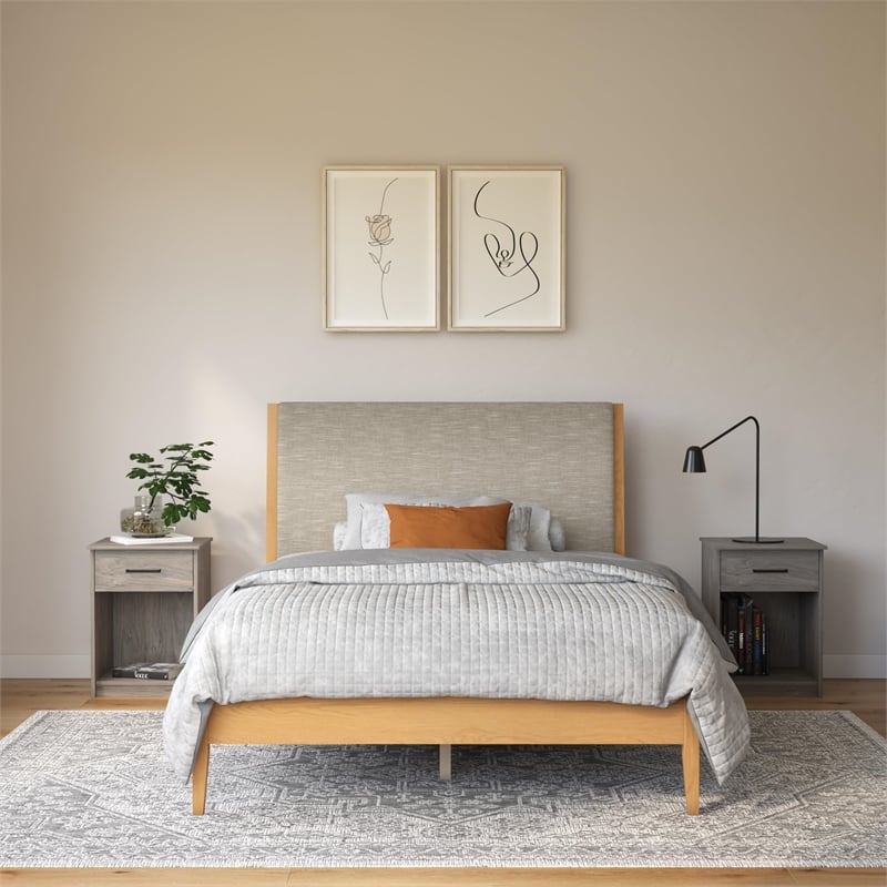 DHP Dacin Wood Queen Size Bed Frame with Upholstered Headboard in Beige Linen