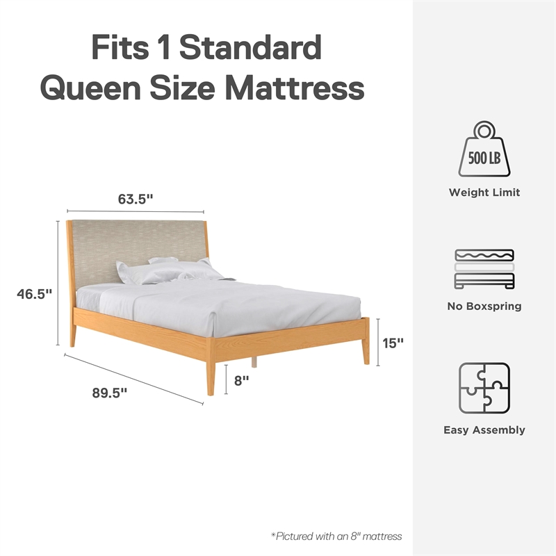 DHP Dacin Wood Queen Size Bed Frame with Upholstered Headboard in Beige Linen
