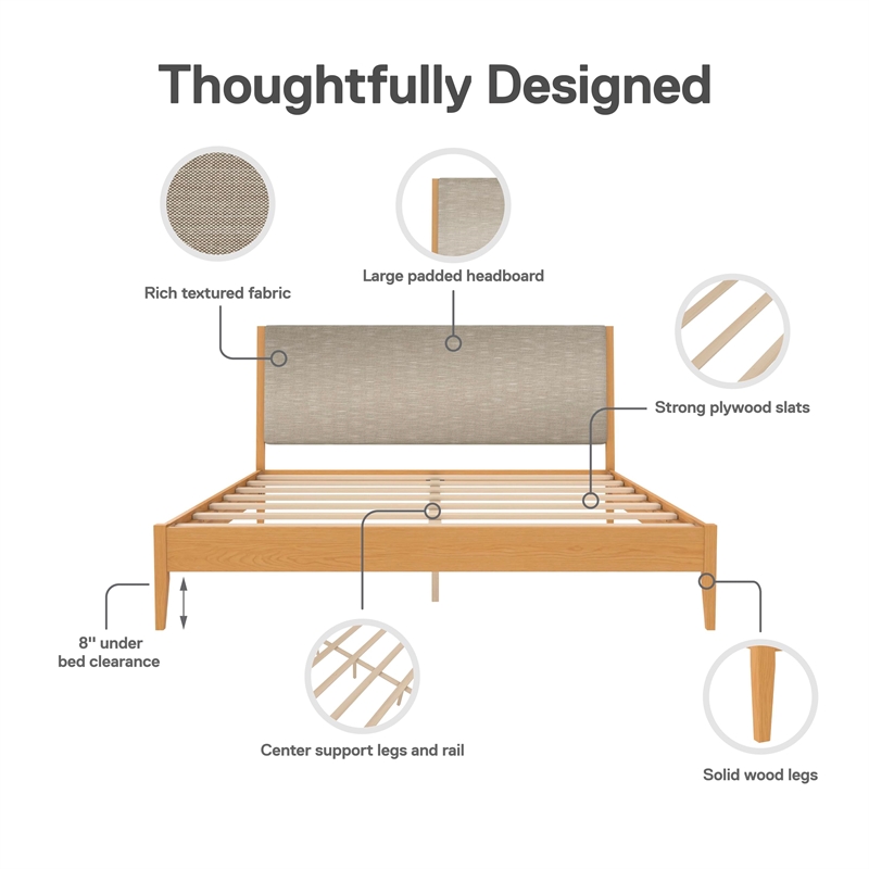 DHP Dacin Wood King Size Bed Frame with Upholstered Headboard in Beige Linen