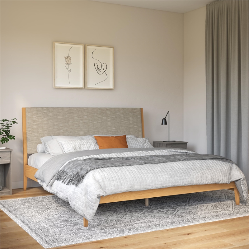 DHP Dacin Wood King Size Bed Frame with Upholstered Headboard in Beige Linen