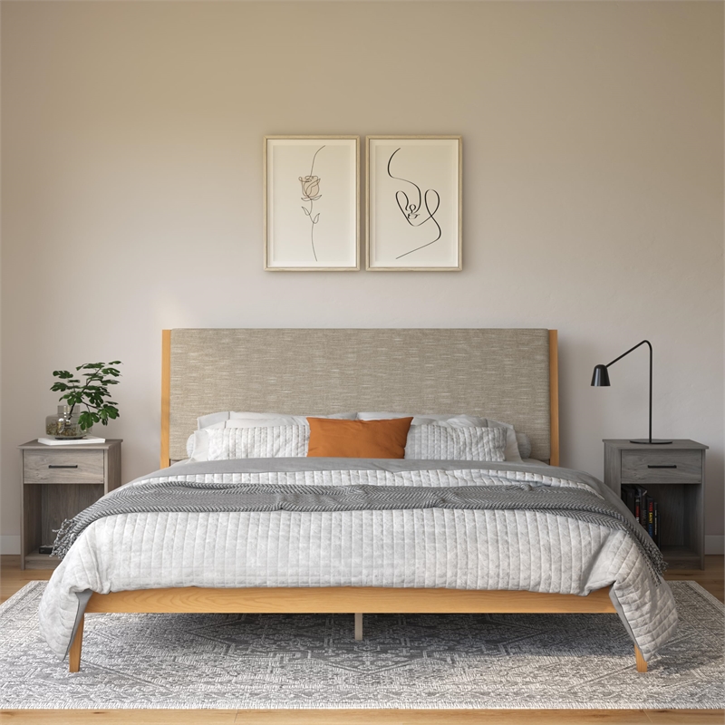 DHP Dacin Wood King Size Bed Frame with Upholstered Headboard in Beige Linen