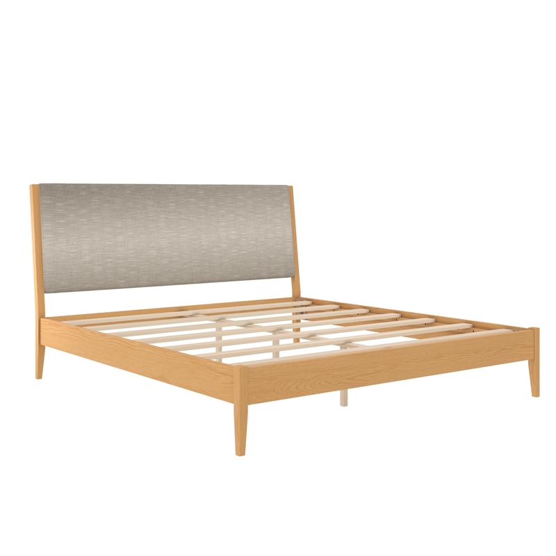 DHP Dacin Wood King Size Bed Frame with Upholstered Headboard in Beige Linen