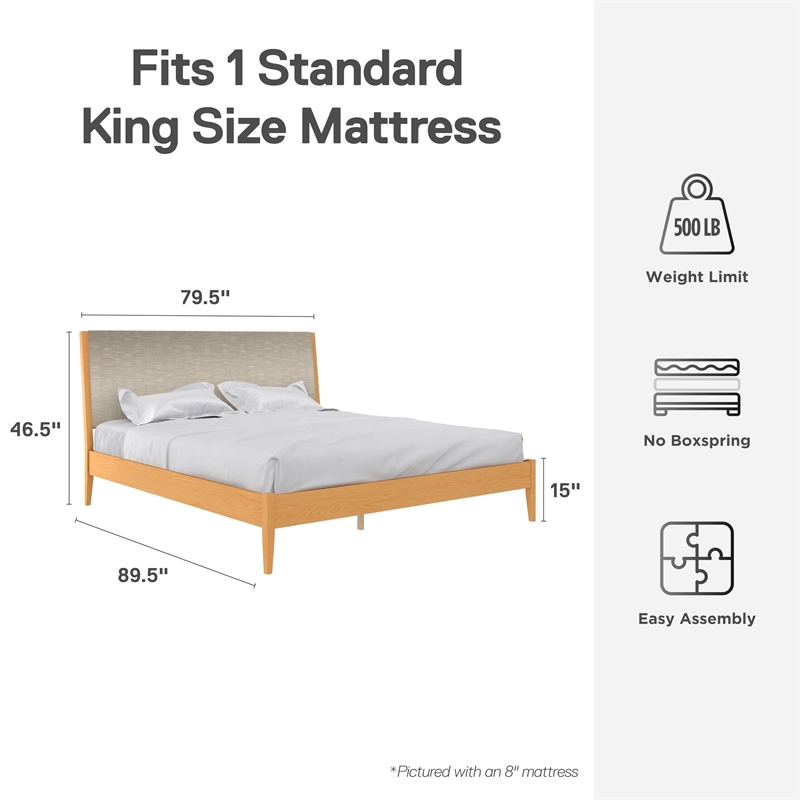 DHP Dacin Wood King Size Bed Frame with Upholstered Headboard in Beige Linen