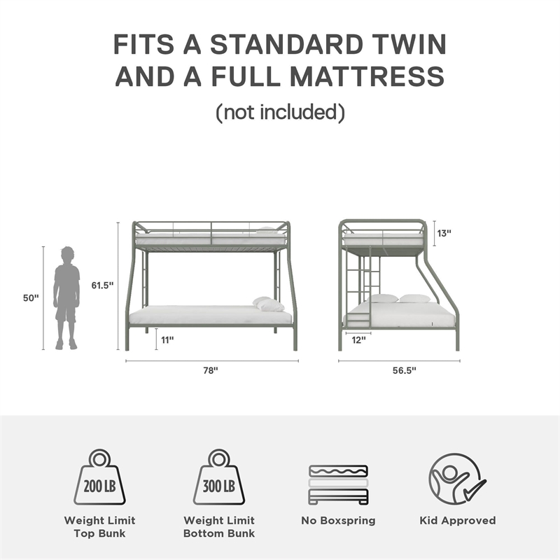 DHP Dusty Twin over Full Metal Bunk Bed with Secured Ladders in Thyme Green