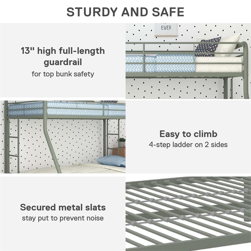 DHP Dusty Twin over Full Metal Bunk Bed with Secured Ladders in Thyme Green