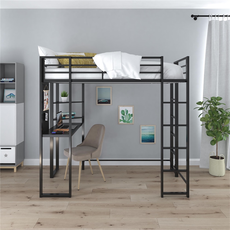 DHP Alana Twin Metal Loft Bed with Desk in Black