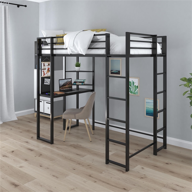 DHP Alana Twin Metal Loft Bed with Desk in Black