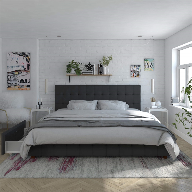 CosmoLiving by Cosmopolitan Elizabeth King Upholstered Bed in Black Velvet
