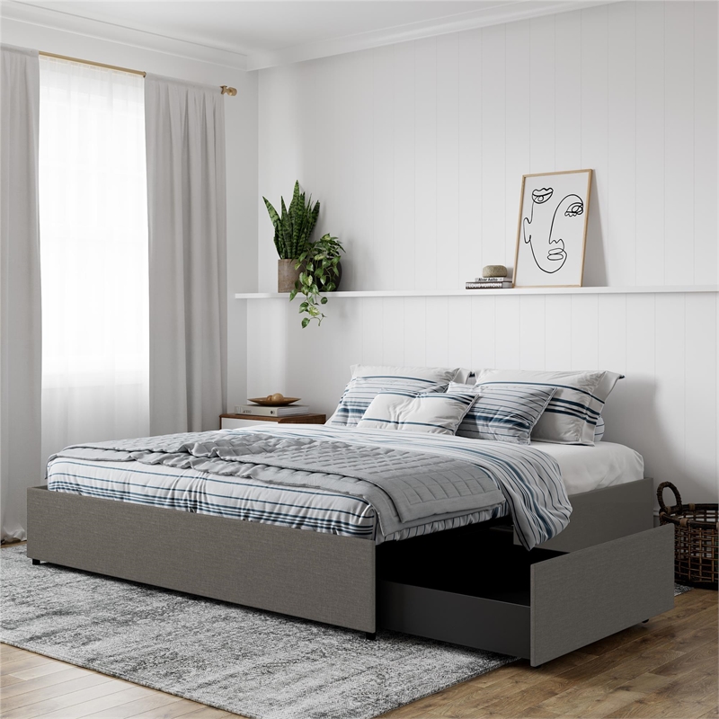 DHP Kristian King Upholstered Platform Bed with Storage in Gray Linen