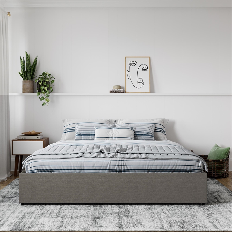DHP Kristian King Upholstered Platform Bed with Storage in Gray Linen