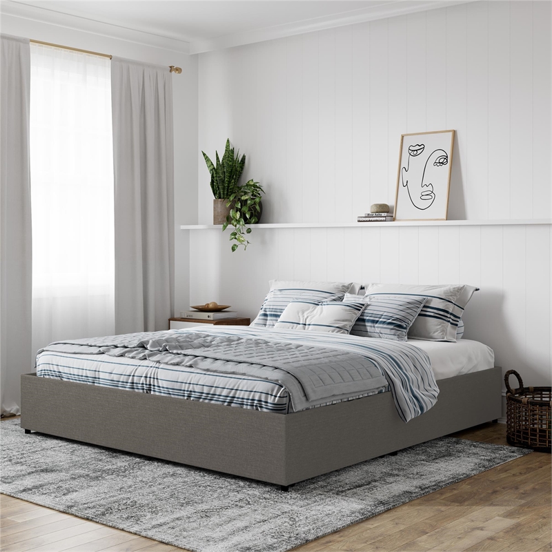 DHP Kristian King Upholstered Platform Bed with Storage in Gray Linen