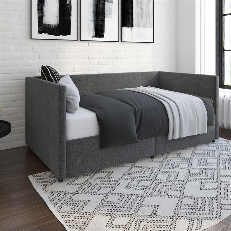 Mya Upholstered Daybed with Storage in Grey Linen