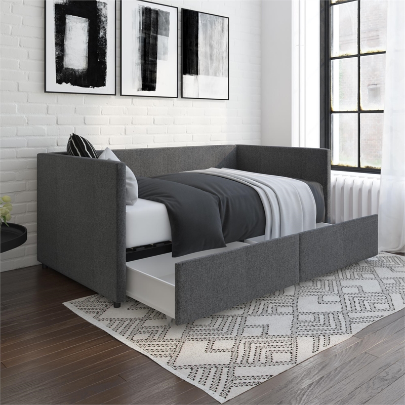 Mya Upholstered Daybed with Storage in Grey Linen