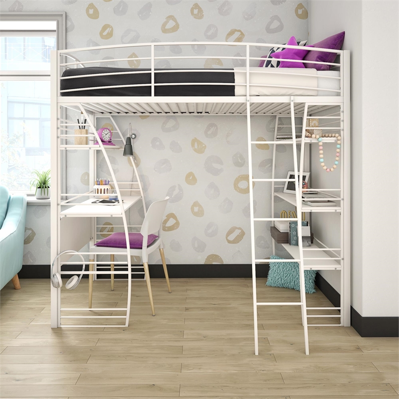 DHP Simona Twin Loft Bed with Desk in White