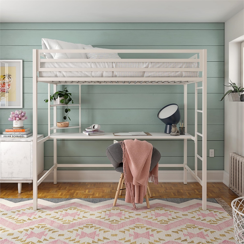 Novogratz Maxwell Metal Twin Loft Bed with Desk in Off White
