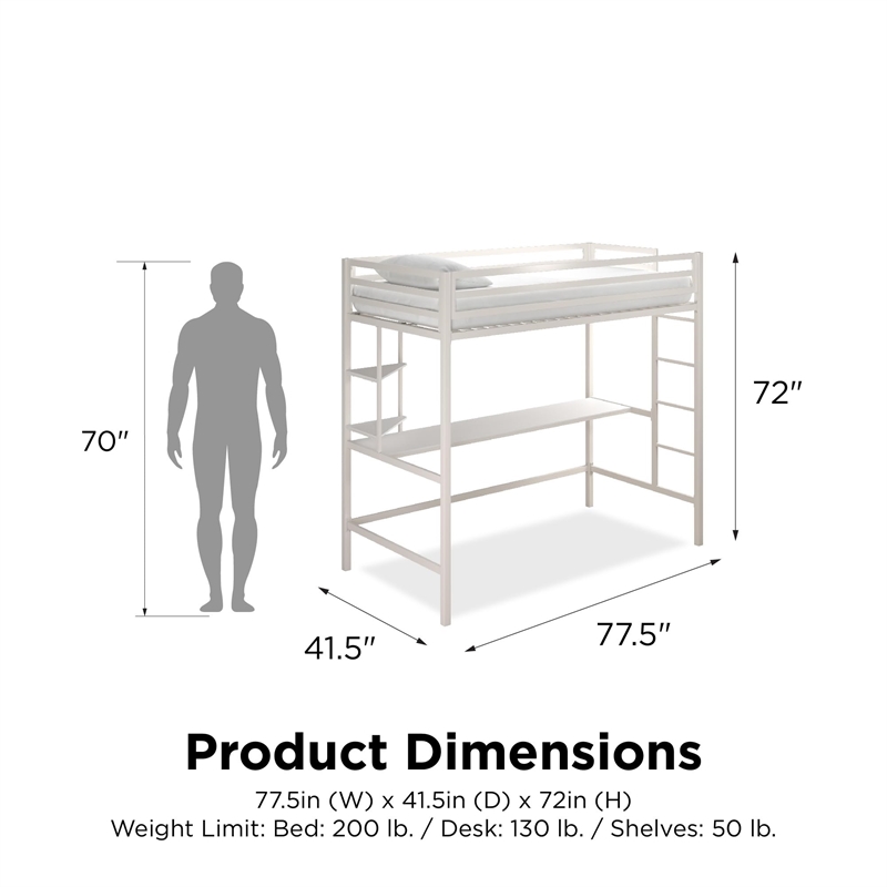 Novogratz Maxwell Metal Twin Loft Bed with Desk in Off White