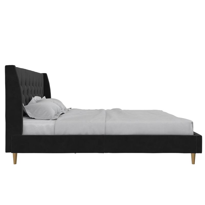 Novogratz Her Majesty Tufted Upholstered King Bed Frame in Black Velvet