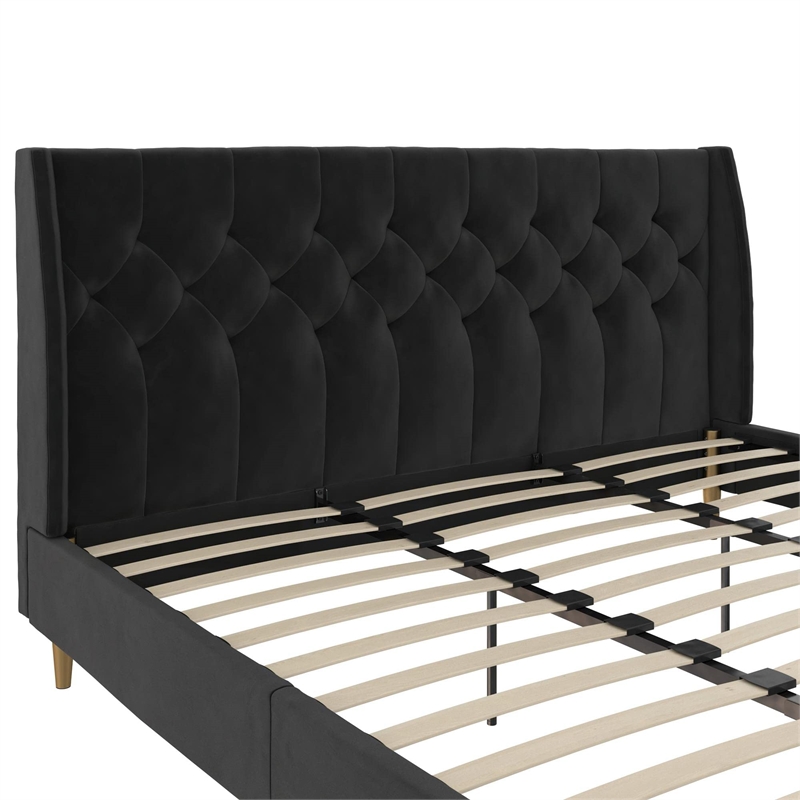 Novogratz Her Majesty Tufted Upholstered King Bed Frame in Black Velvet