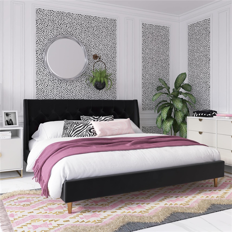 Novogratz Her Majesty Tufted Upholstered King Bed Frame in Black Velvet