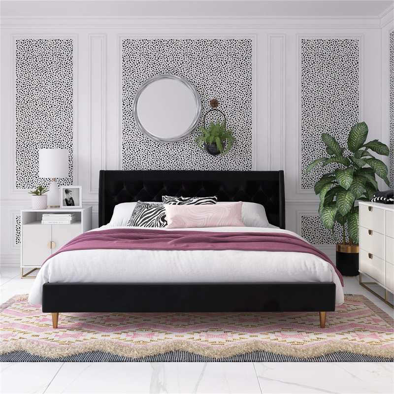 Novogratz Her Majesty Tufted Upholstered King Bed Frame in Black Velvet