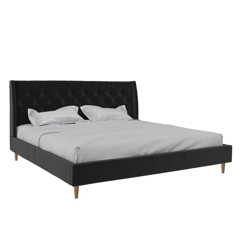 Novogratz Her Majesty Tufted Upholstered King Bed Frame in Black Velvet