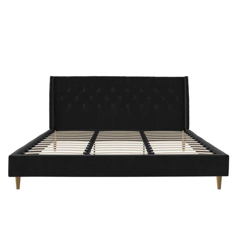 Novogratz Her Majesty Tufted Upholstered King Bed Frame in Black Velvet