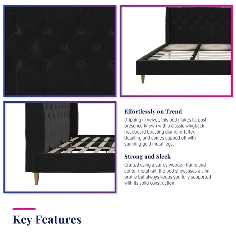 Novogratz Her Majesty Tufted Upholstered King Bed Frame in Black Velvet