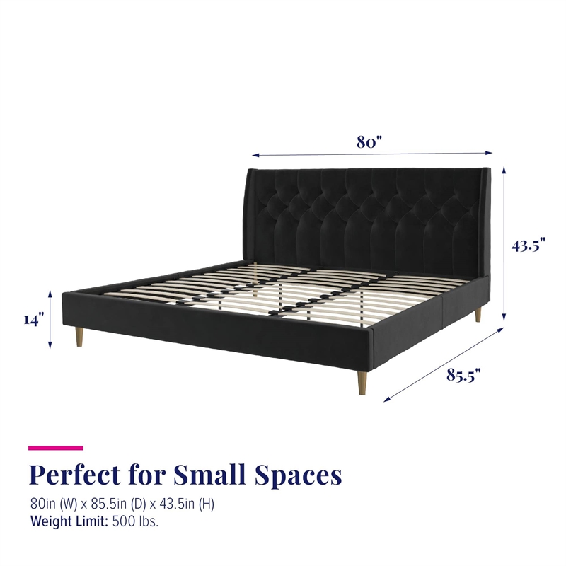 Novogratz Her Majesty Tufted Upholstered King Bed Frame in Black Velvet