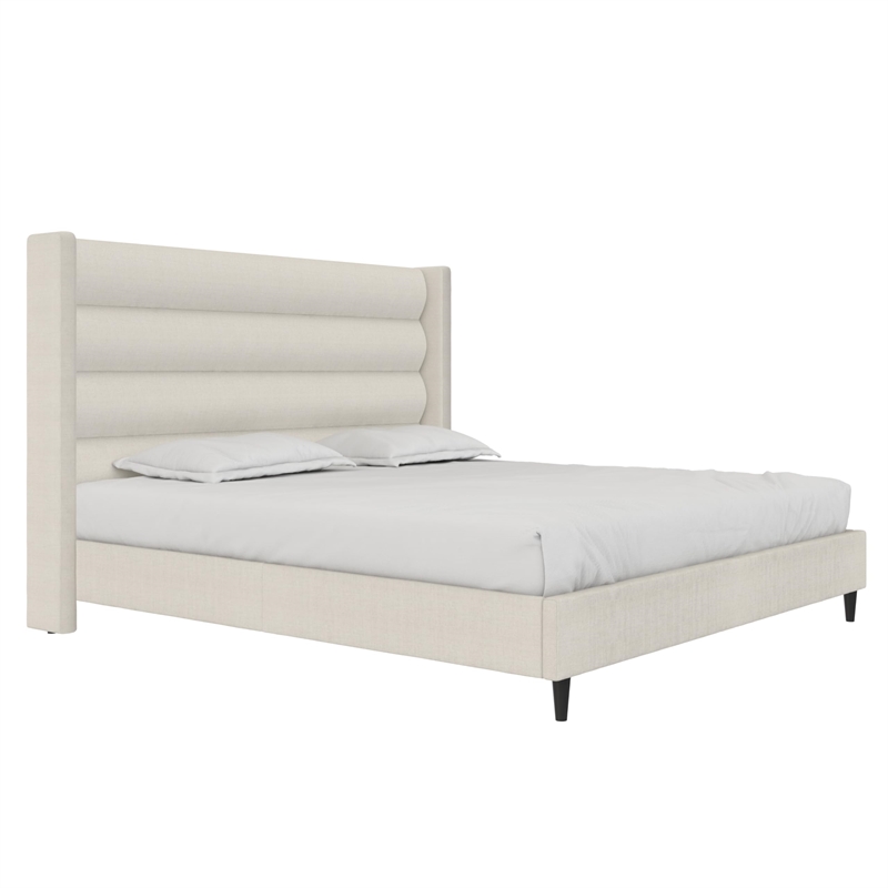 Novogratz Louis King Upholstered Bed Frame with High Tufted Headboard in Ivory
