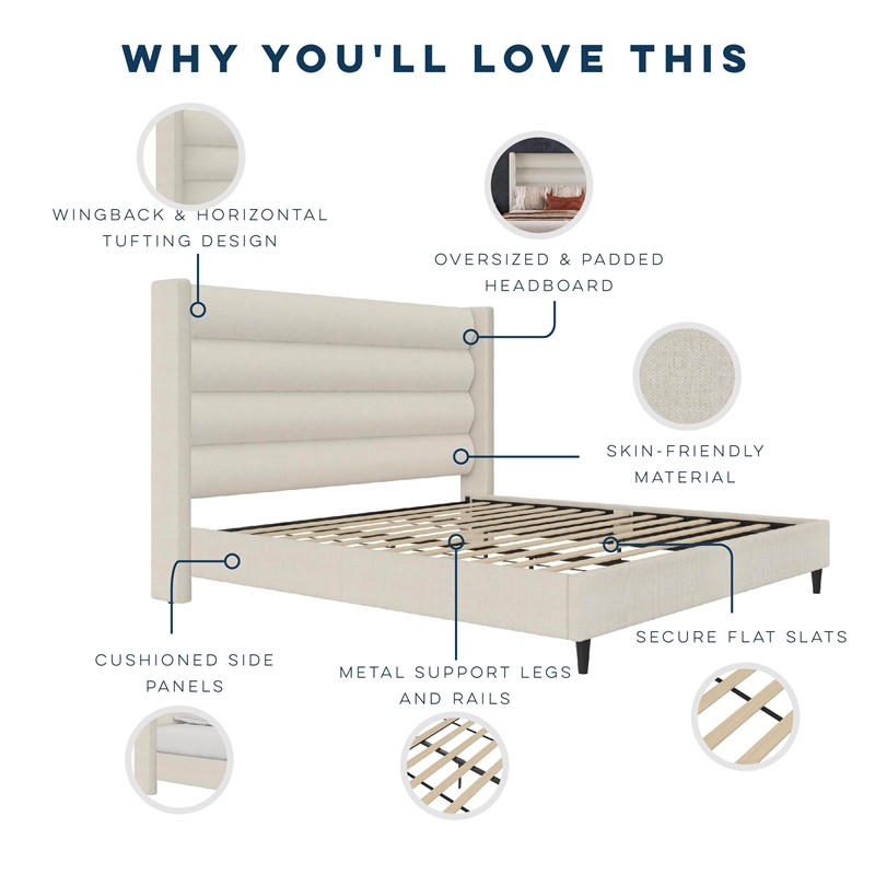 Novogratz Louis King Upholstered Bed Frame with High Tufted Headboard in Ivory