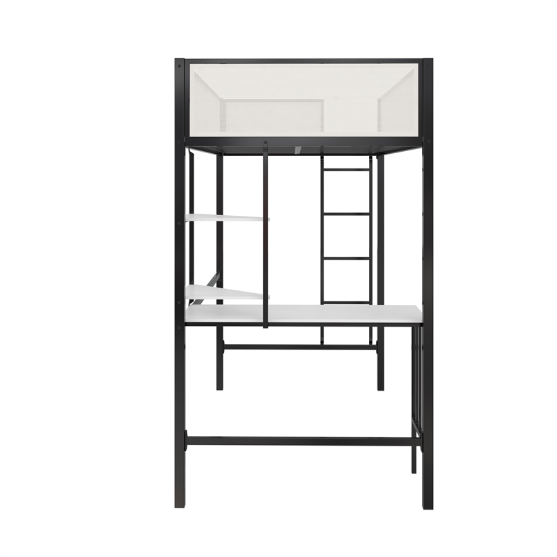 Novogratz Axel Metal Twin Loft Bed with Desk and Shelves in Black and Off White