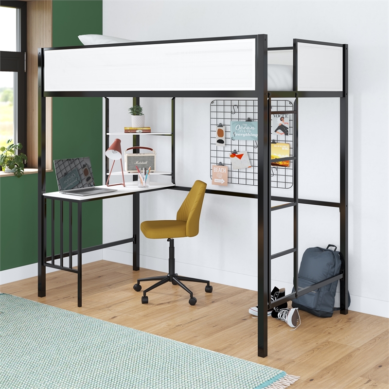 Novogratz Axel Metal Twin Loft Bed with Desk and Shelves in Black and Off White